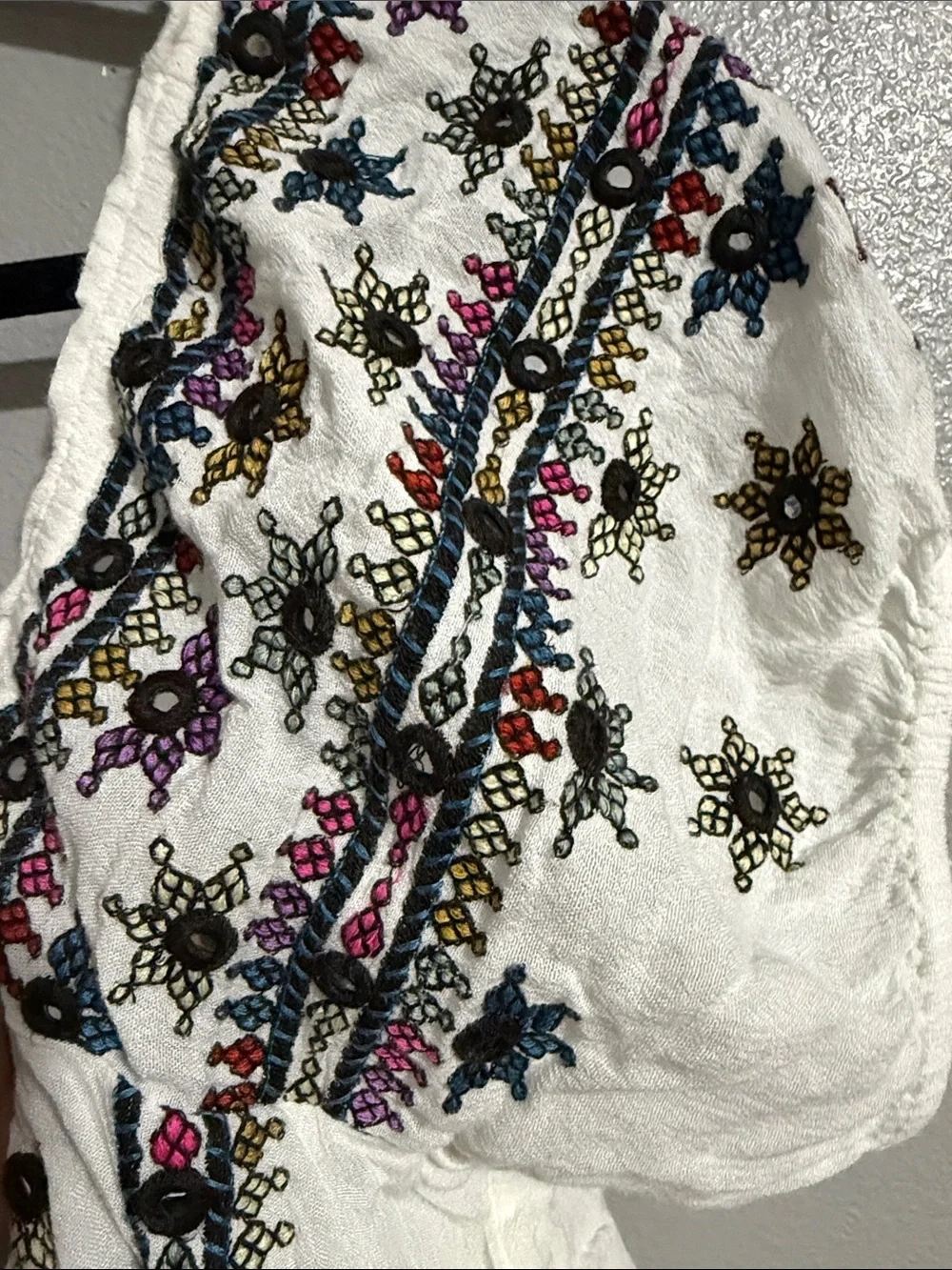 Free People White Embroidered Boho Scoop Neck Top